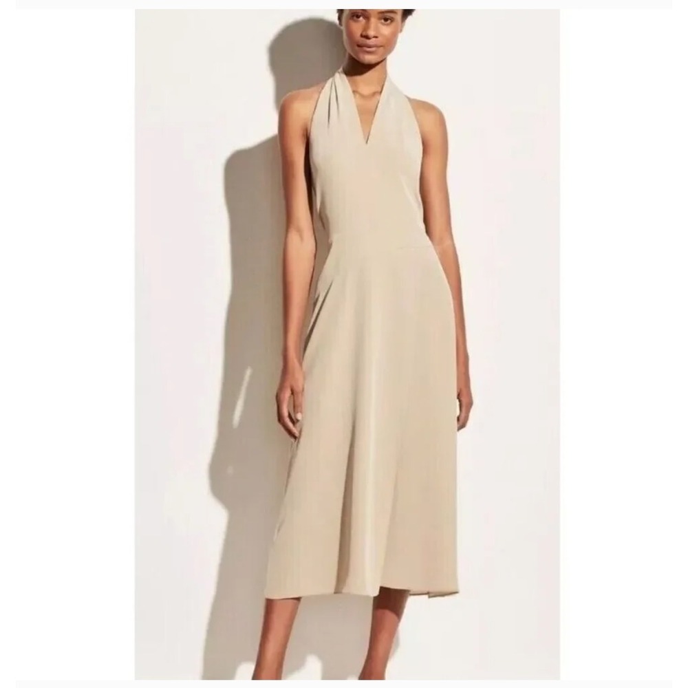 NWT Vince Beige Halter Neck Open Tie Back Maxi Dress Womens Sz‎ M Classy Elegant